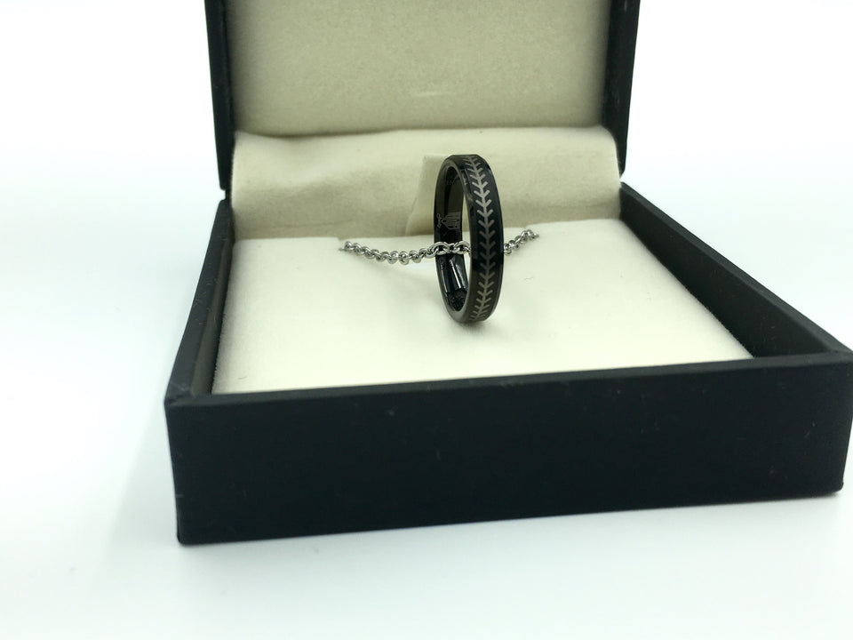 Tungsten 4mm Black Ring With Baseball Stitching