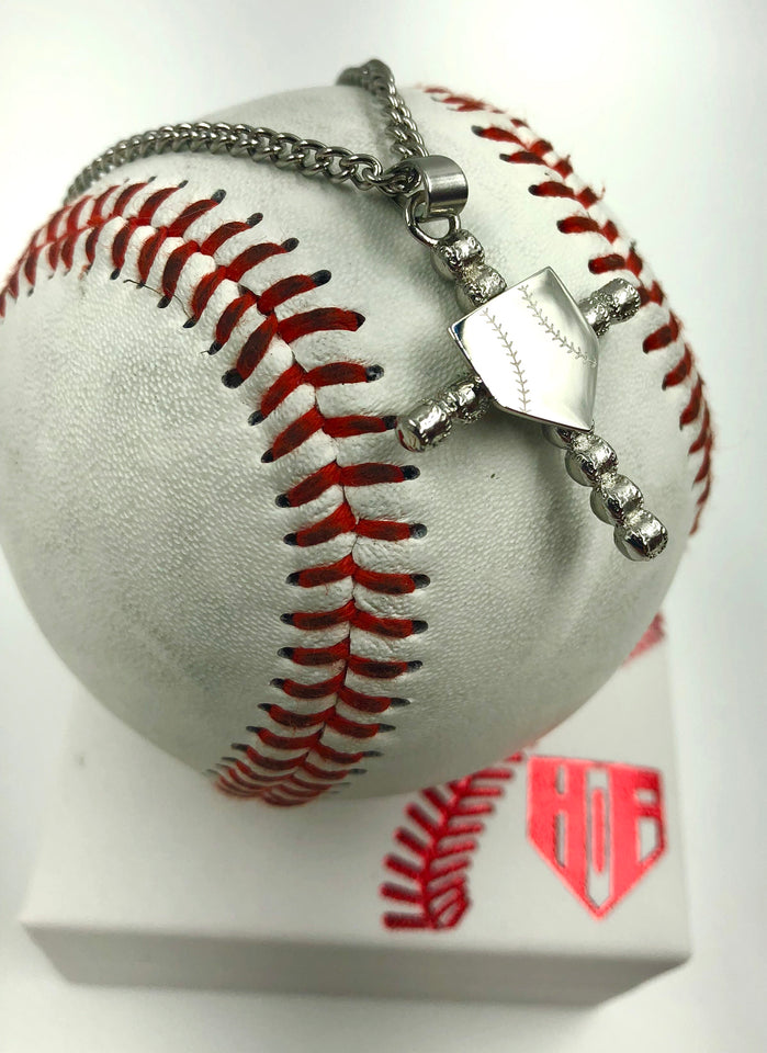 Stainless Baseball Cross with Home Plate Pendant and Chain