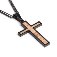 Black Stainless Stitched Bat Wood Inlay Cross Pendant and Chain