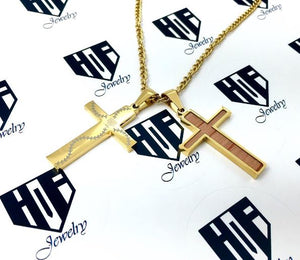 Golden Stitched Bat Wood Inlay Cross Pendant and Chain (FREE SHIPPING)