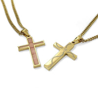 Golden Stitched Bat Wood Inlay Cross Pendant and Chain