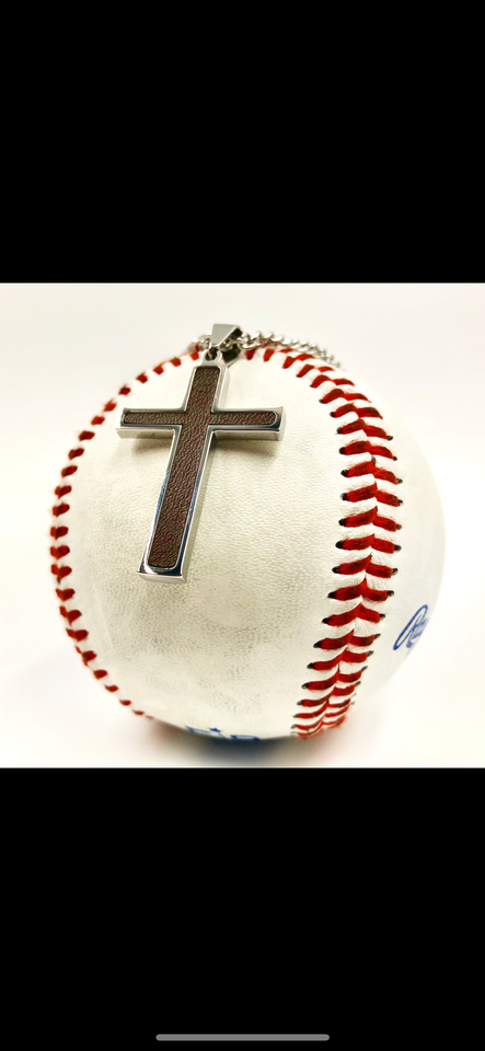 Stainless Baseball Glove Leather Inlay Cross and Chain (FREE SHIPPING)