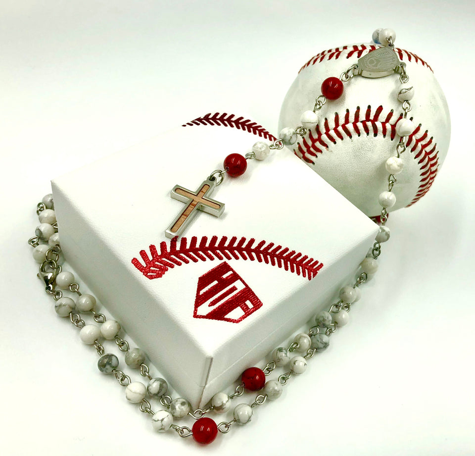 Baseball White and Red Turquoise Stone Rosary Necklace (FREE SHIPPING)